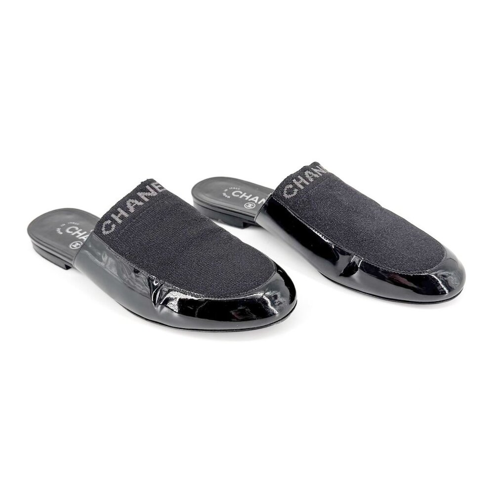 Chanel Logo Glitter Lurex Black Patent Leather Mule Flats Size 39 C US 8-8.5